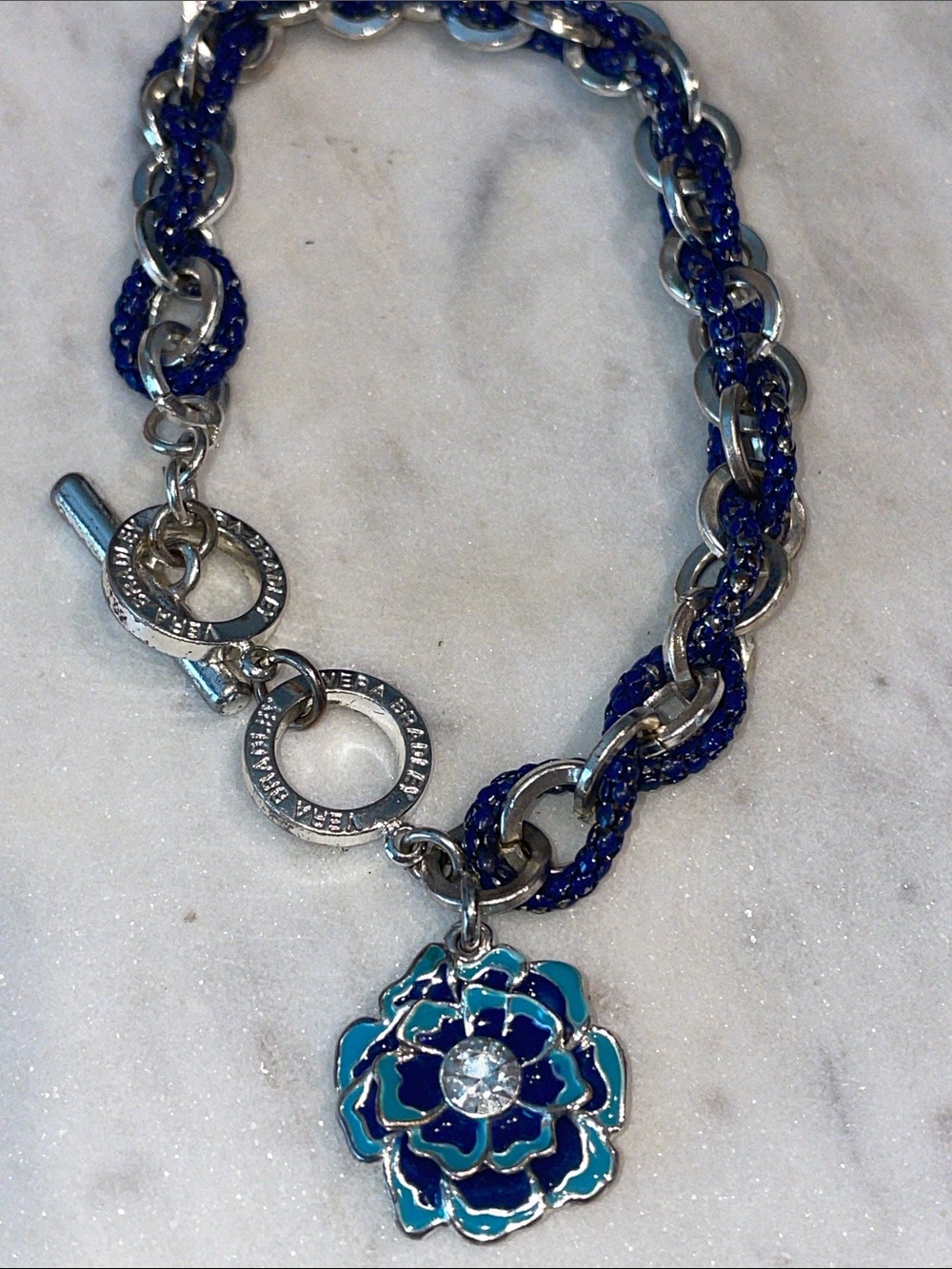 Vera Bradley Blue + Turquoise Flower Enamel Charm Link Toggle Clasp Bracelet
